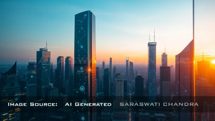 A futuristic city skyline powered by invisible solar panels integrated into the windows of skyscrapers.